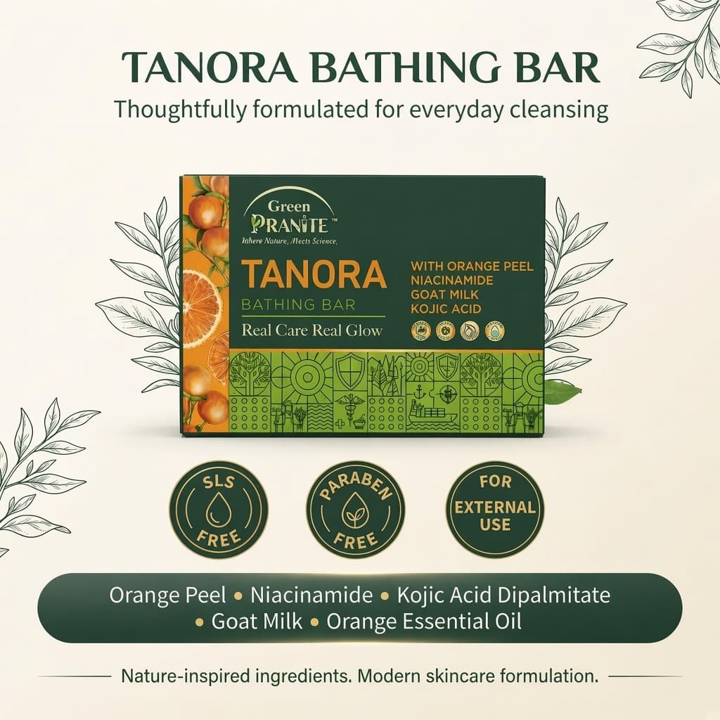 TANORA Bathing Bar packaging surrounded by botanical line art, with SLS-free and paraben-free marks.