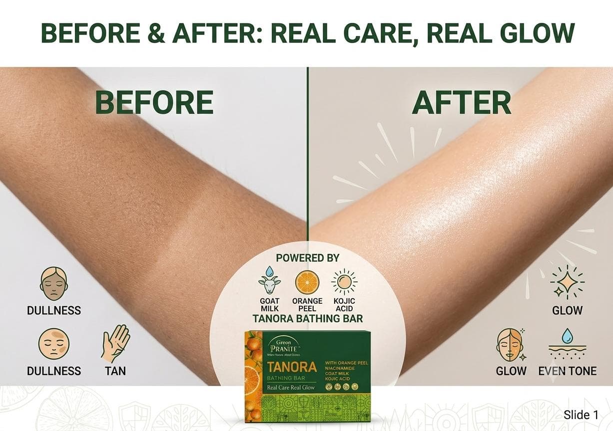 Before and after comparison of a forearm: dull, tanned skin before and a more even, glowing tone after using TANORA.